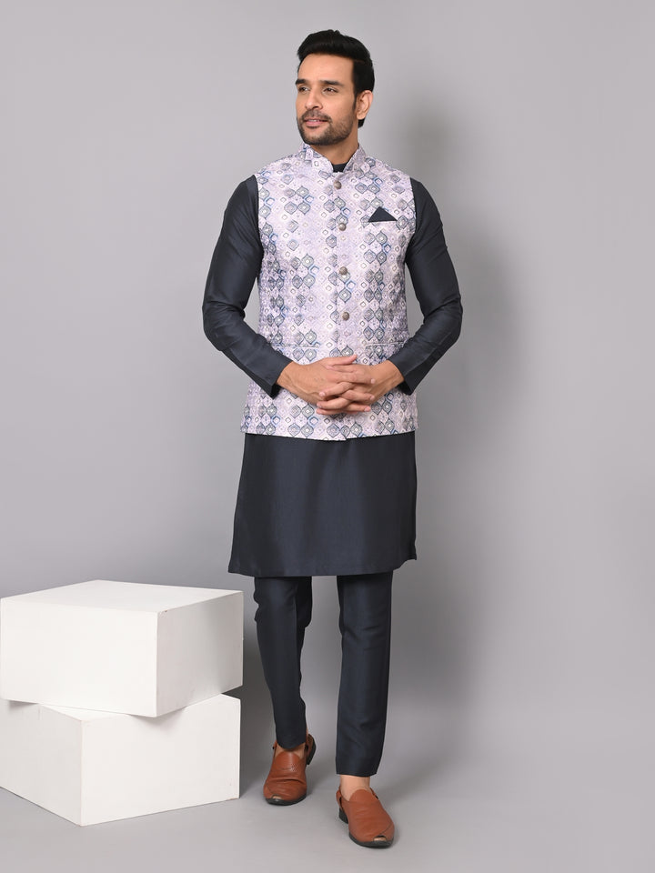 Geometric Navy Blue Jacket Kurta Set - JM36807-FN756