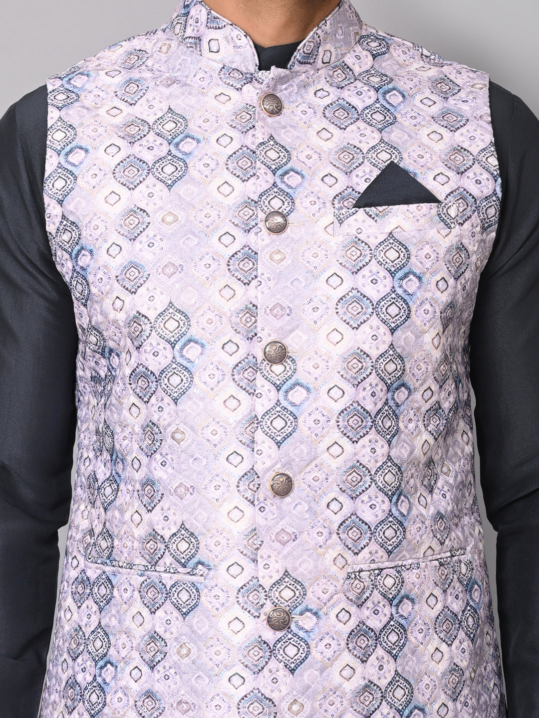 Geometric Navy Blue Jacket Kurta Set - JM36807-FN756