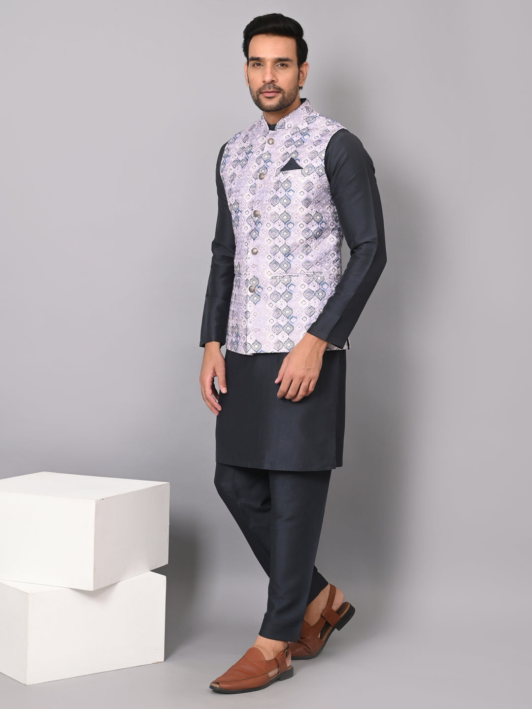 Geometric Navy Blue Jacket Kurta Set - JM36807-FN756