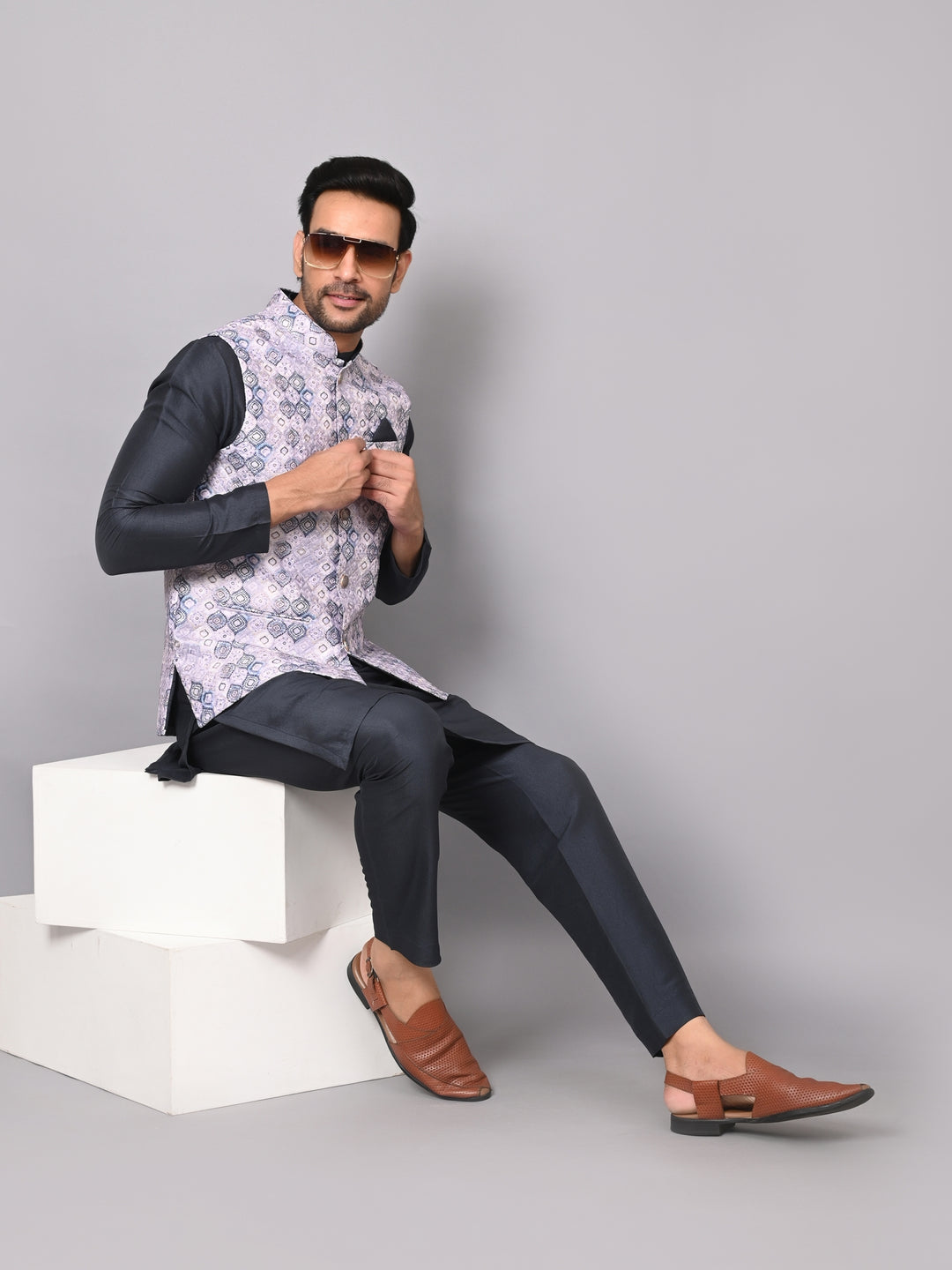 Geometric Navy Blue Jacket Kurta Set - JM36807-FN756