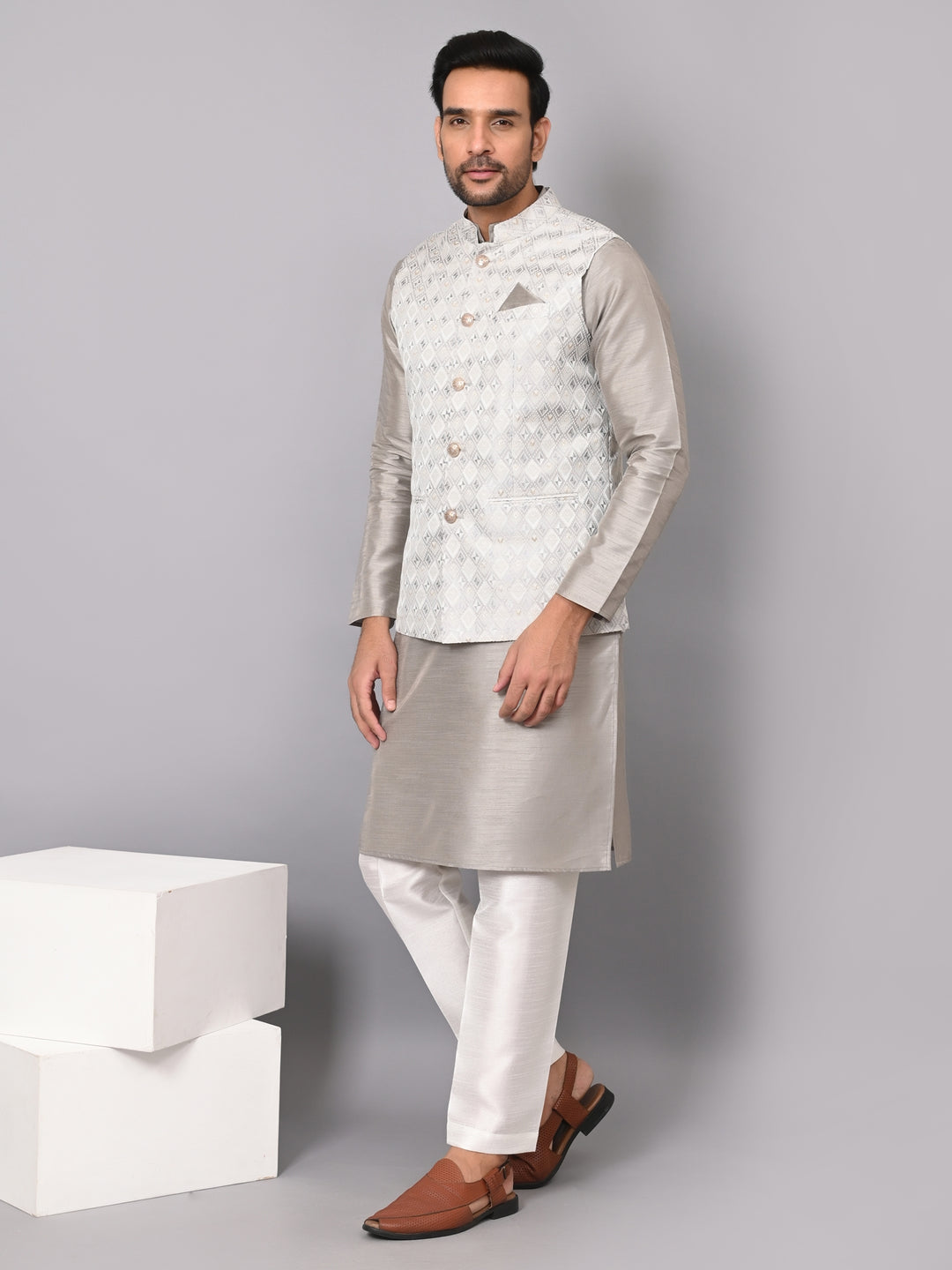 Checked Grey Jacket Kurta Set - JM37384-6