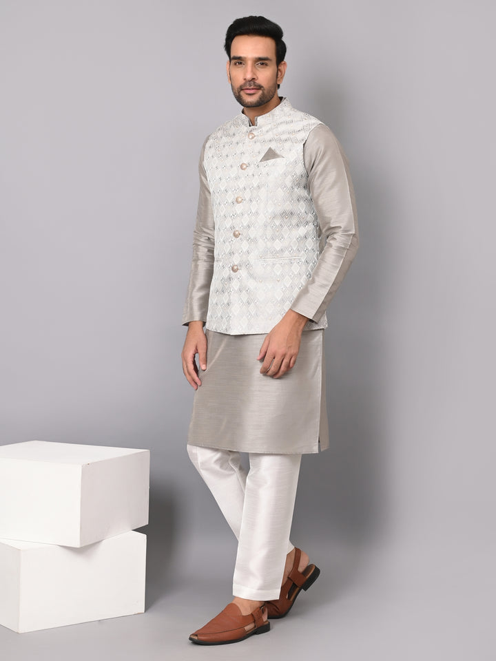 Checked Grey Jacket Kurta Set - JM37384-6