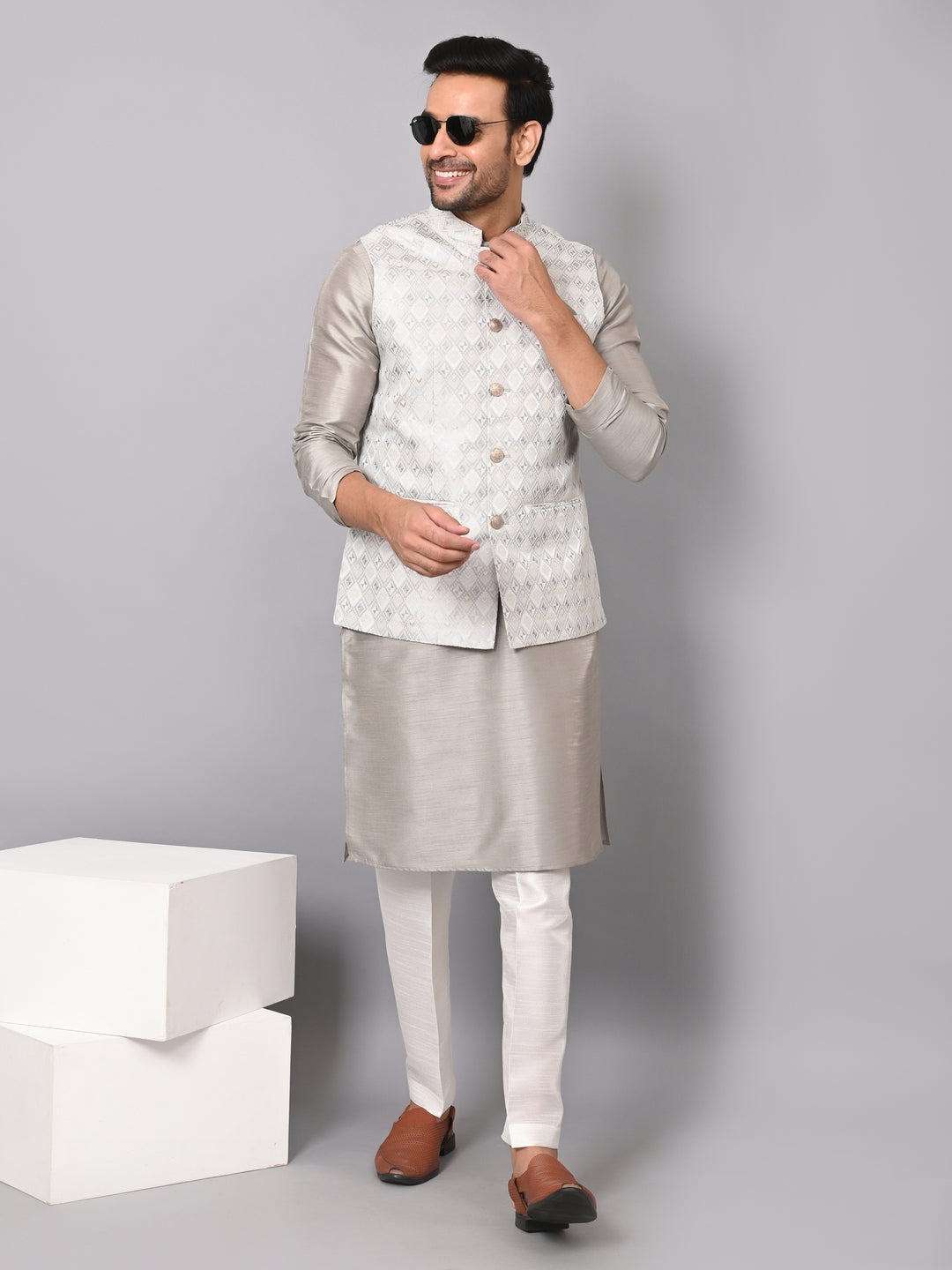 Checked Grey Jacket Kurta Set - JM37384-6