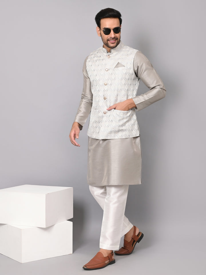 Checked Grey Jacket Kurta Set - JM37384-6