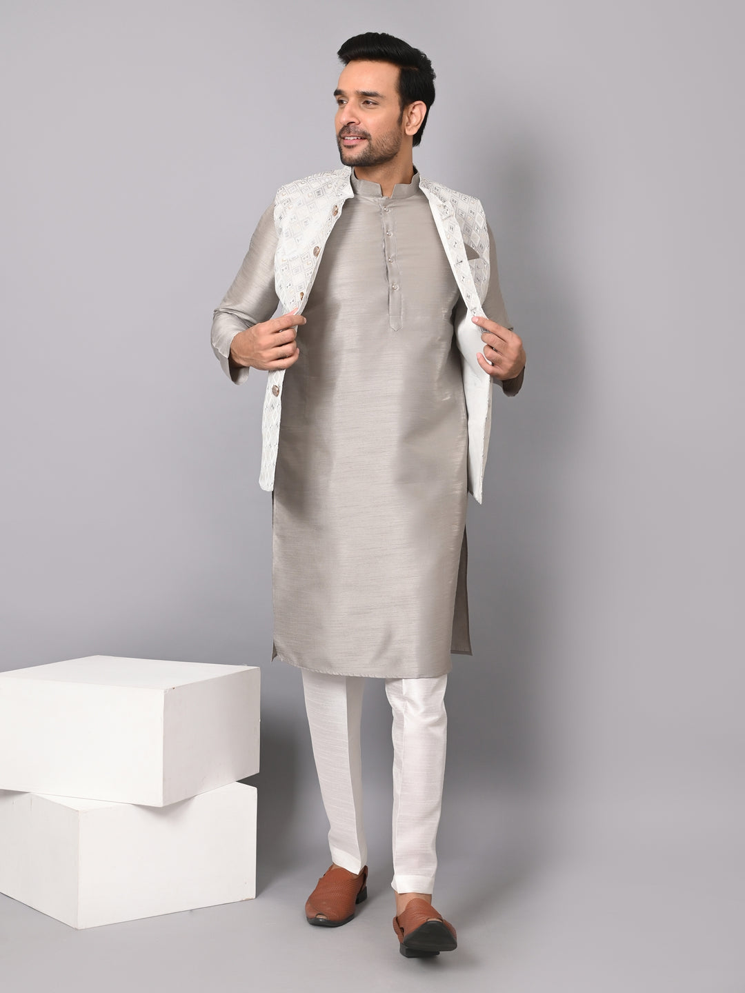 Checked Grey Jacket Kurta Set - JM37384-6