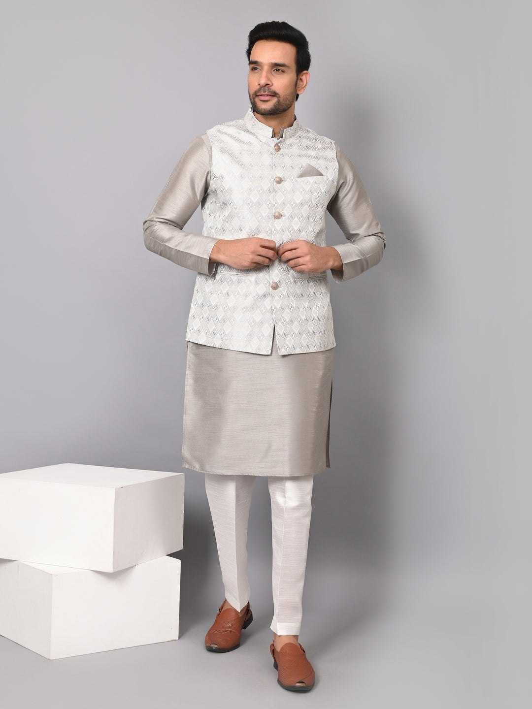 Checked Grey Jacket Kurta Set - JM37384-6