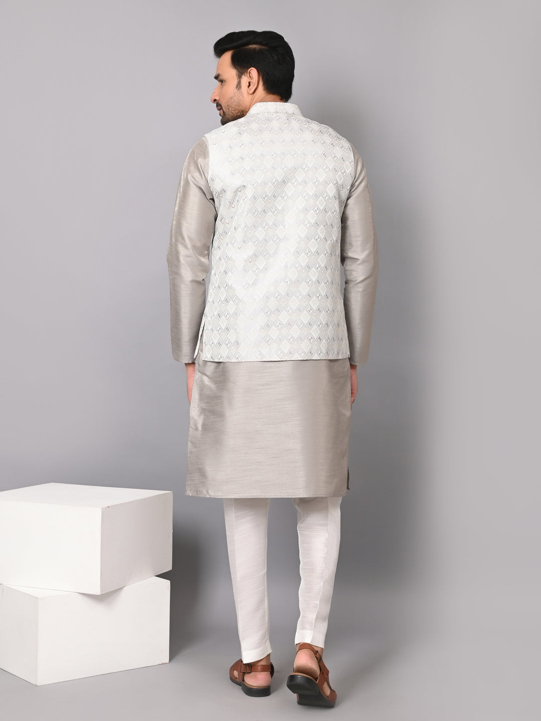 Checked Grey Jacket Kurta Set - JM37384-6