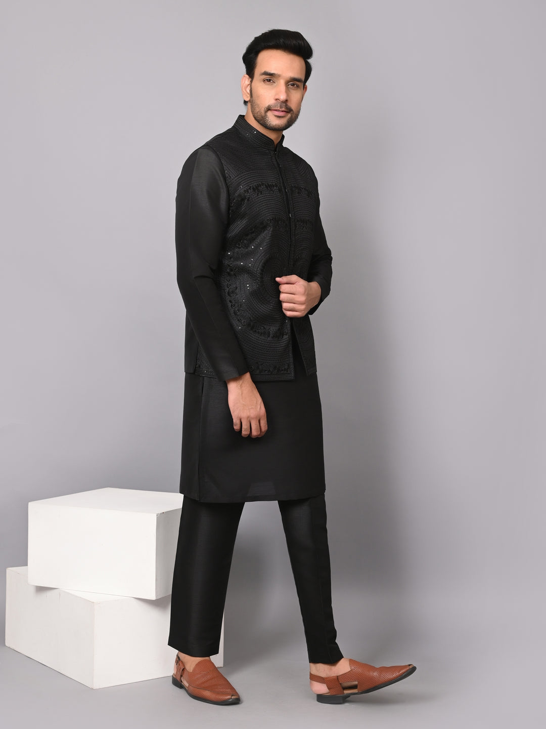 Sequence Black Jacket Kurta Set - JM37617-11