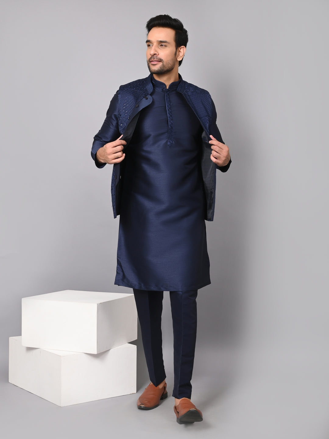 Sequence Navy Blue Jacket Kurta Set - JM37619-992