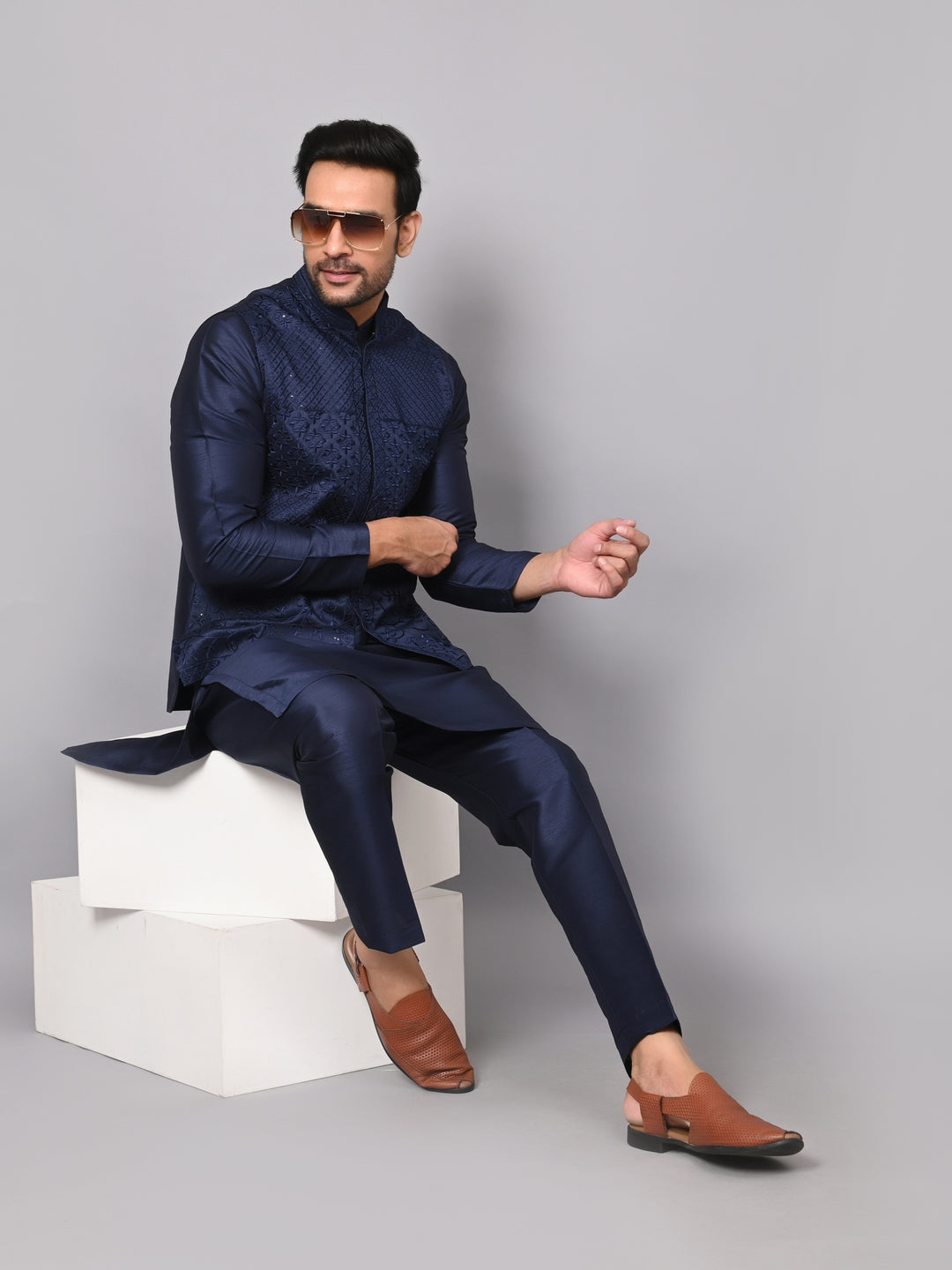 Sequence Navy Blue Jacket Kurta Set - JM37619-992