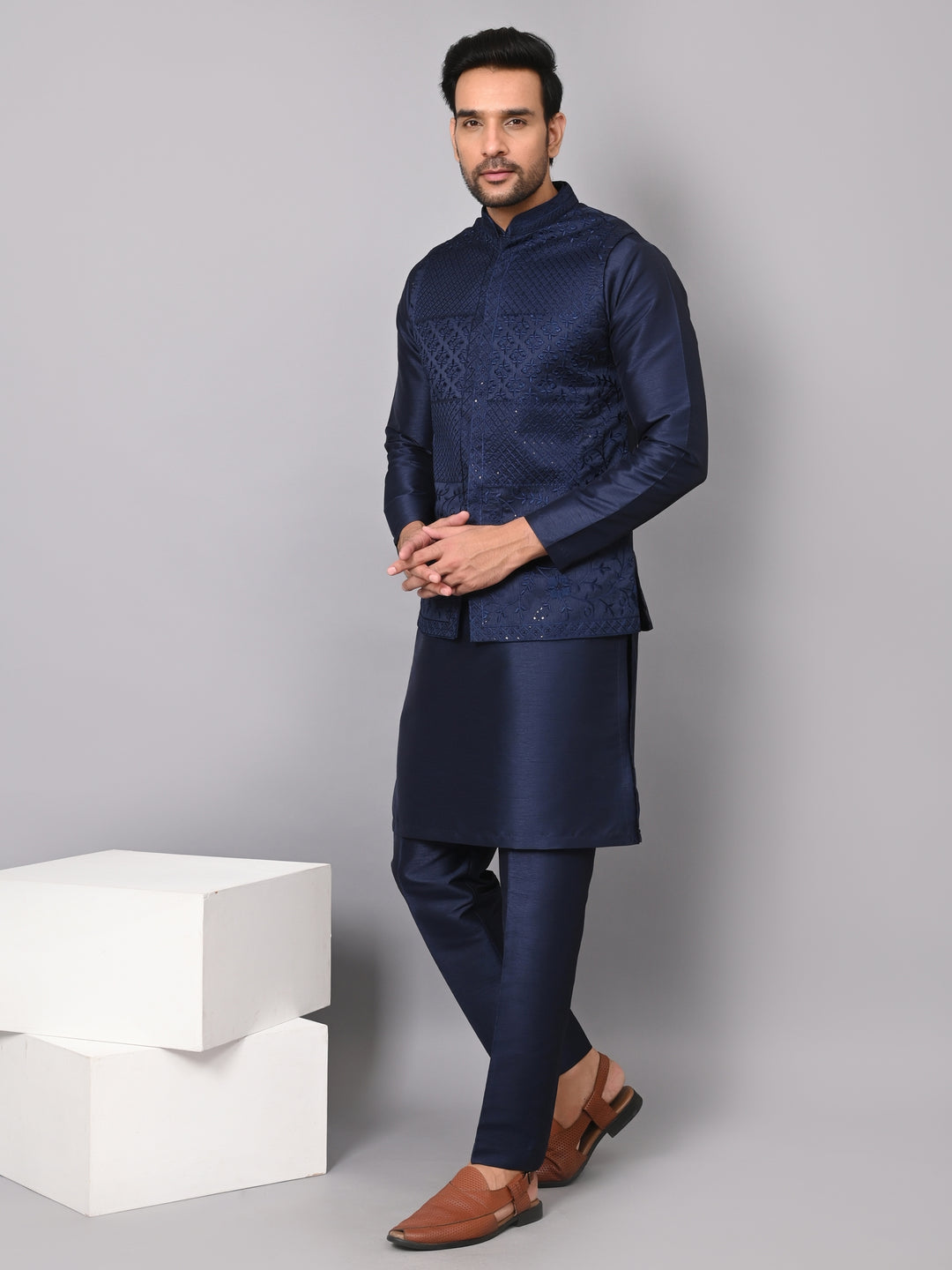 Sequence Navy Blue Jacket Kurta Set - JM37619-992