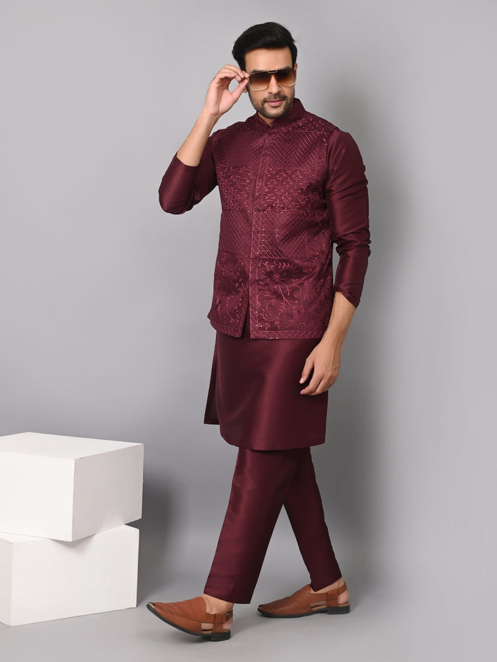 Sequence Wine Jacket Kurta Set - JM37619-1519