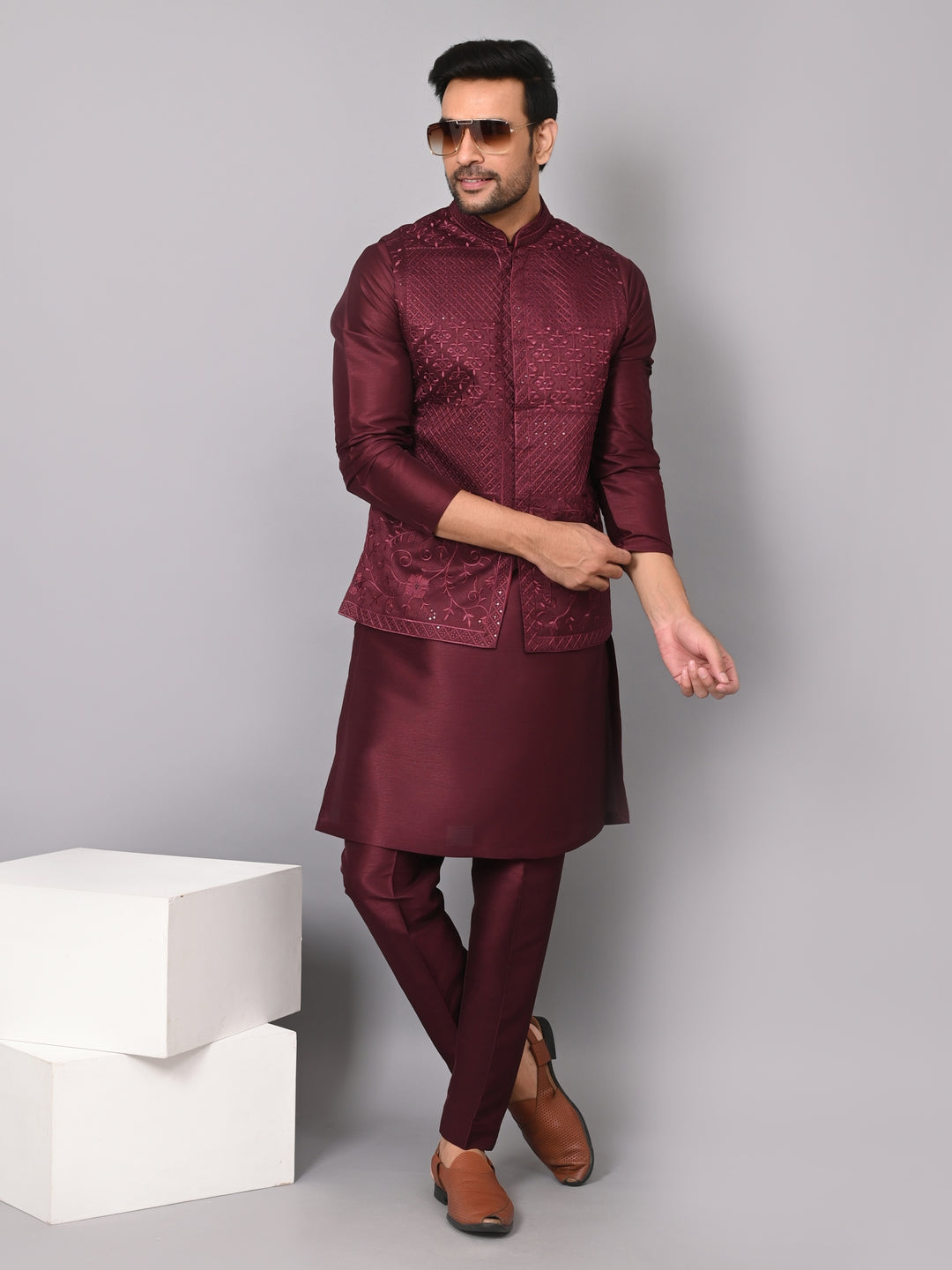 Sequence Wine Jacket Kurta Set - JM37619-1519