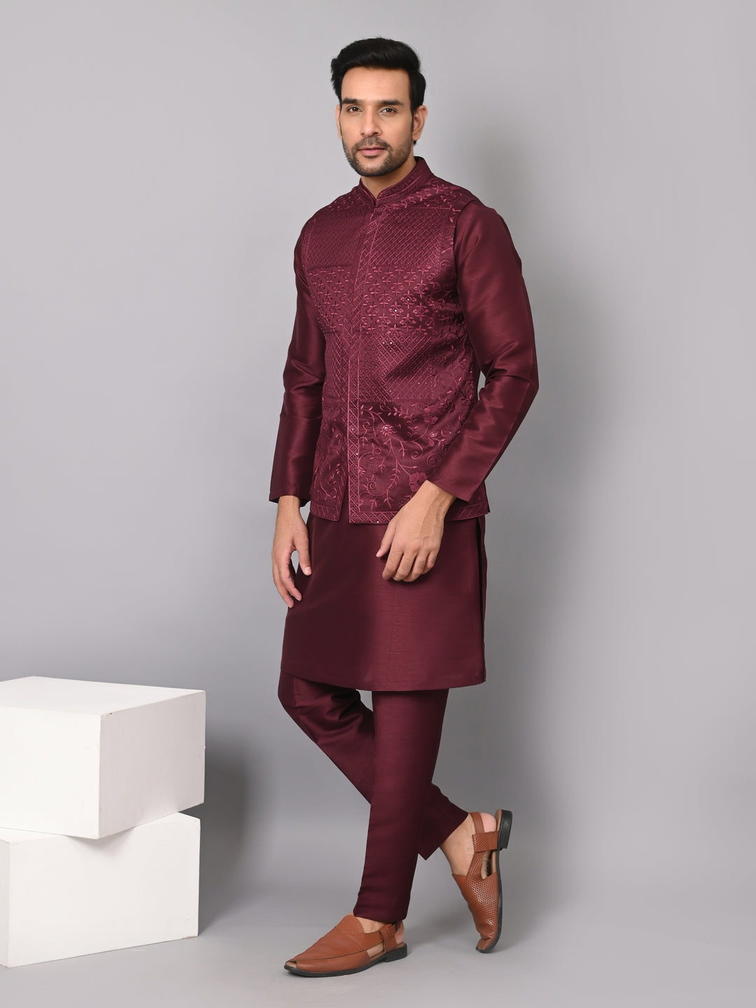 Sequence Wine Jacket Kurta Set - JM37619-1519