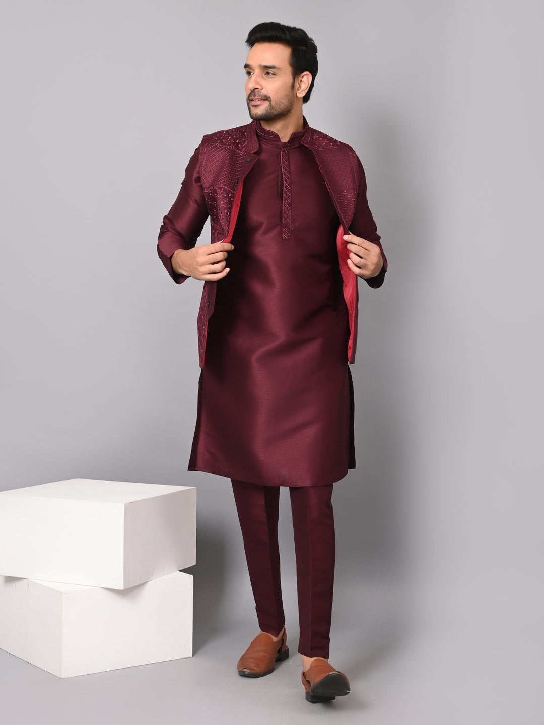 Sequence Wine Jacket Kurta Set - JM37619-1519