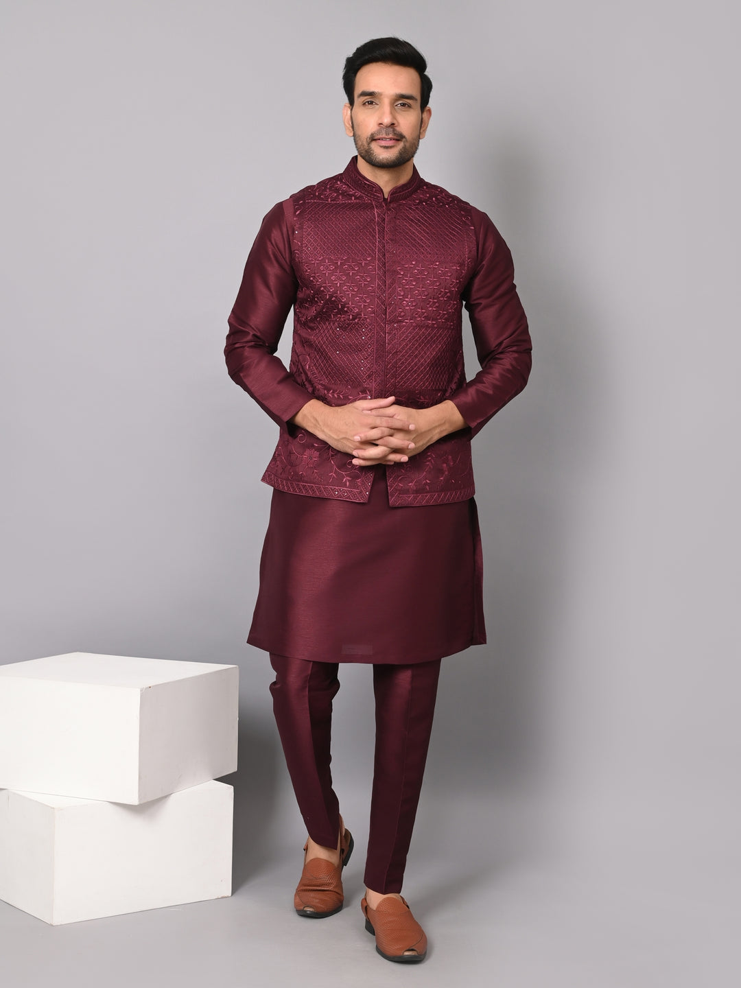 Sequence Wine Jacket Kurta Set - JM37619-1519