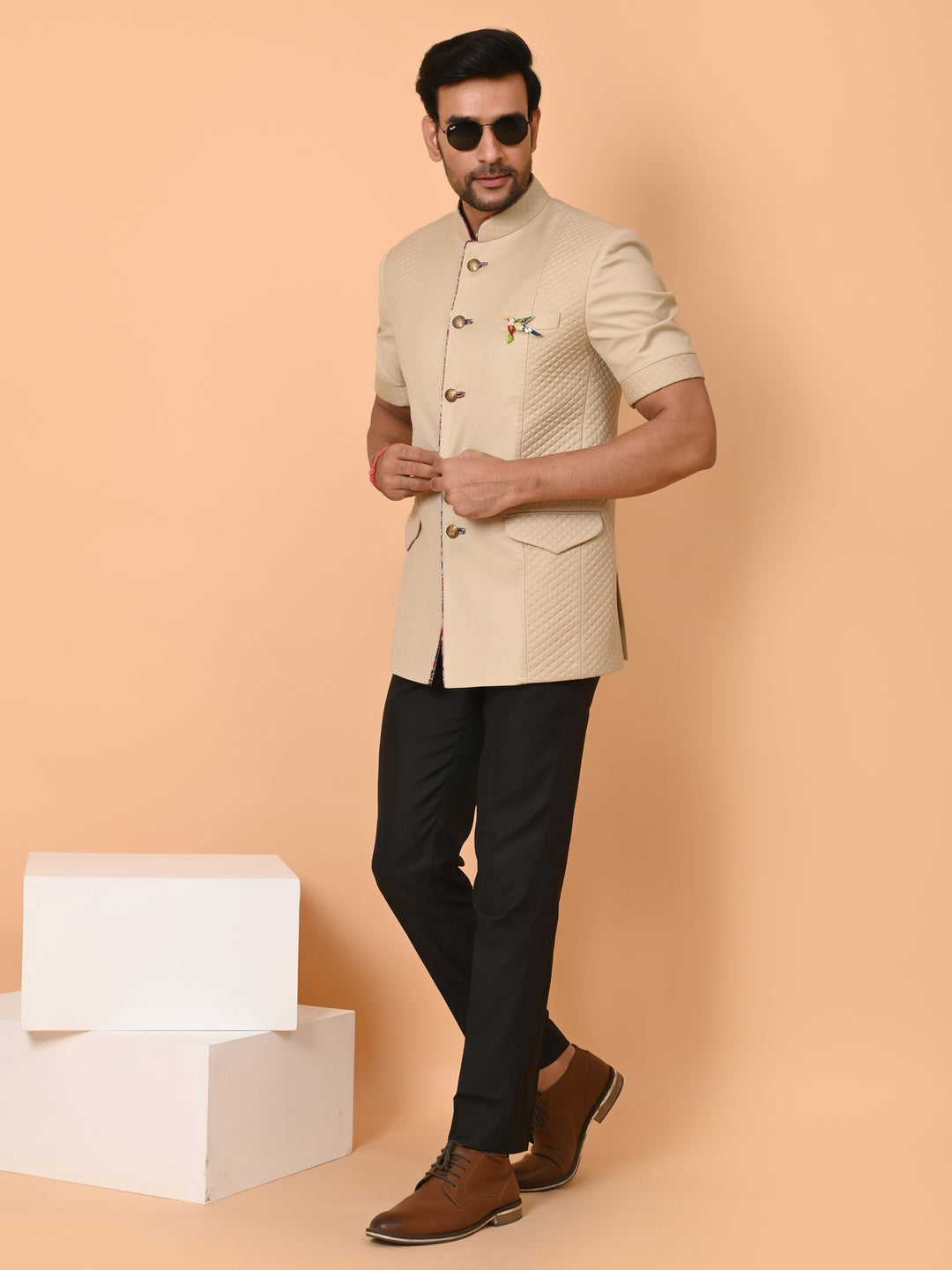 Solid Cream Nehru Jacket - B40418-11