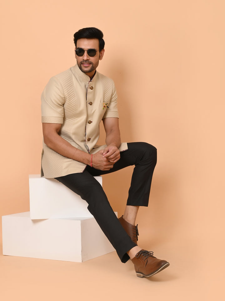 Solid Cream Nehru Jacket - B40418-11