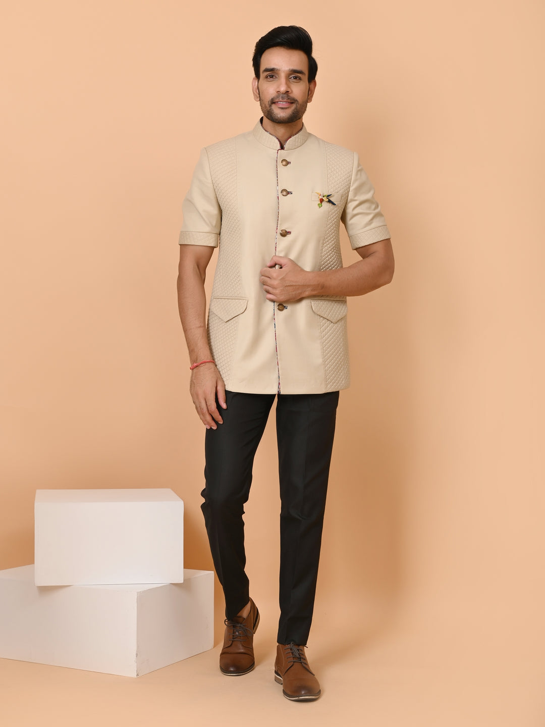 Solid Cream Nehru Jacket - B40418-11