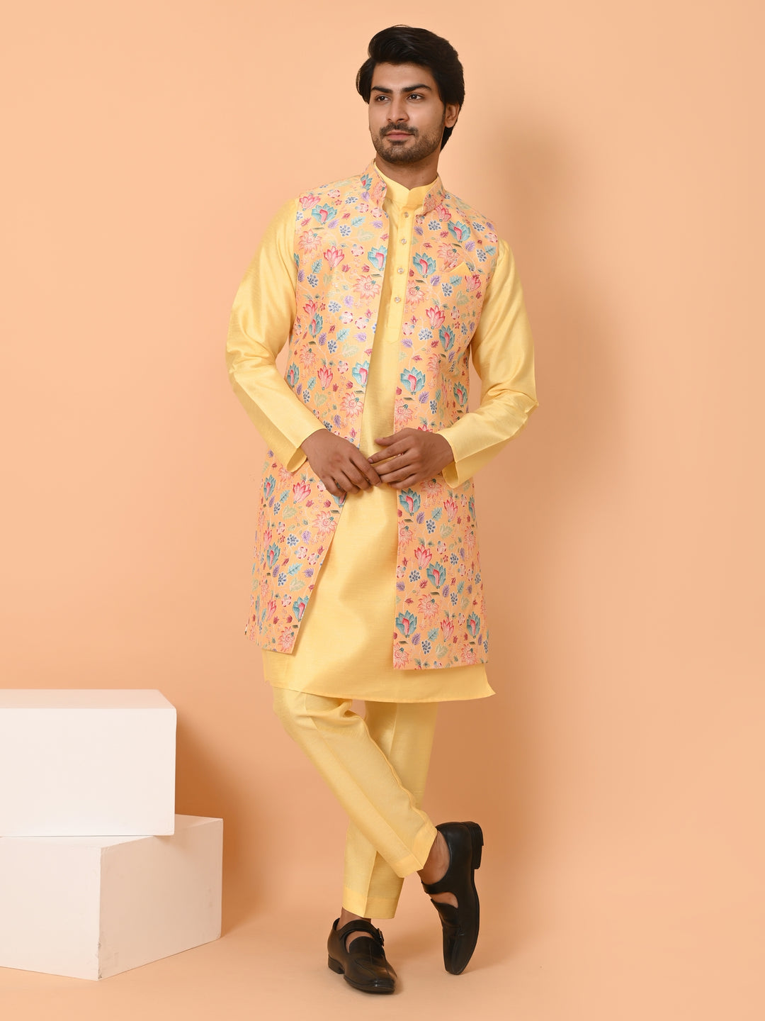 Floral Mustard Long Jacket Kurta Set - JM40550-45B