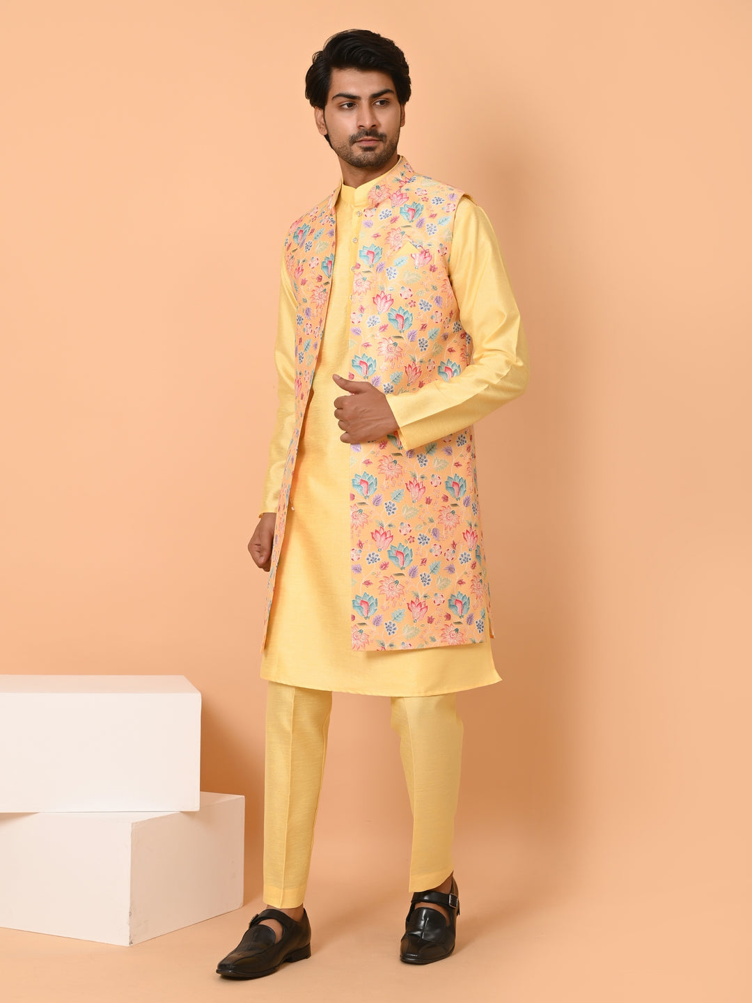 Floral Mustard Long Jacket Kurta Set - JM40550-45B