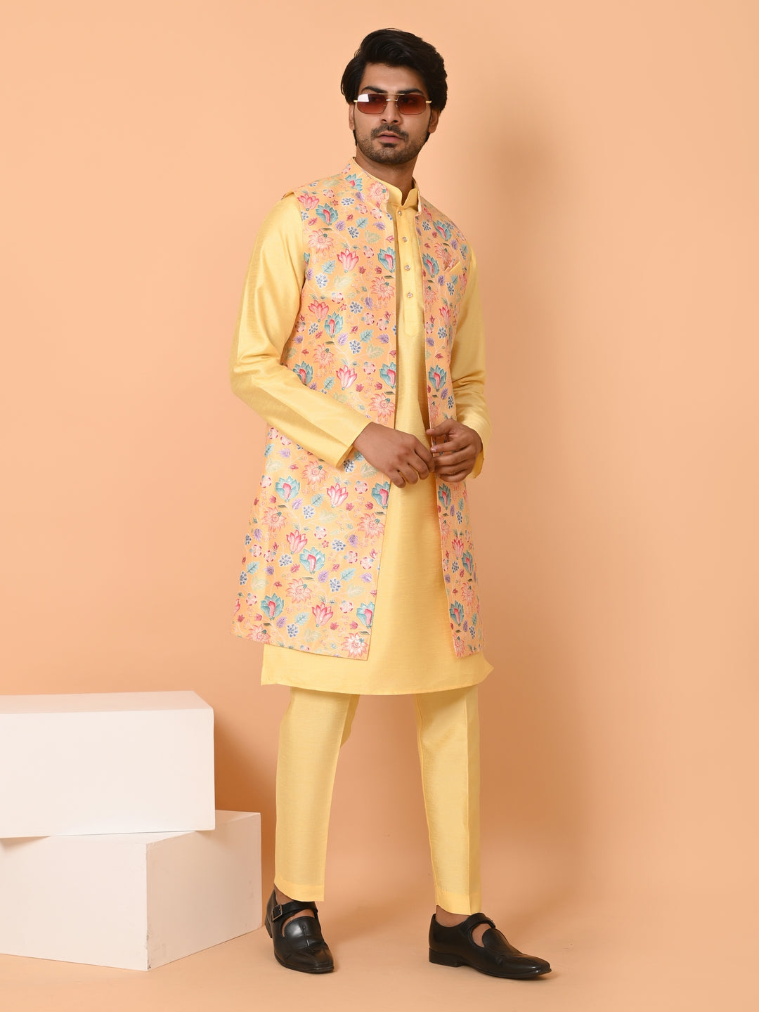 Floral Mustard Long Jacket Kurta Set - JM40550-45B