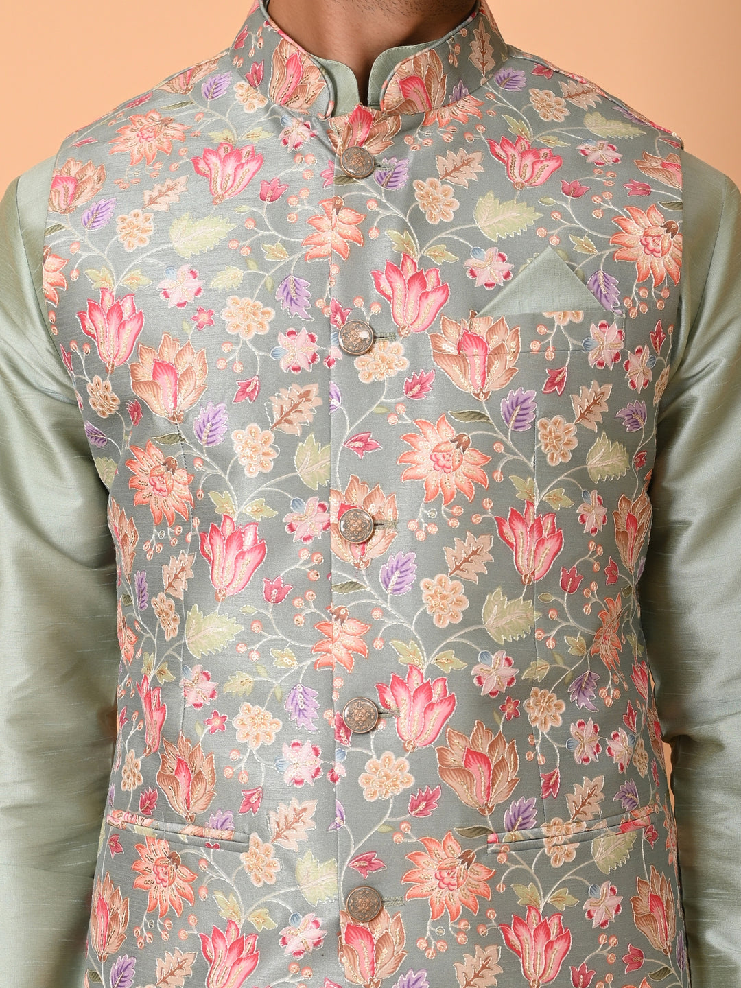 Floral Pista Jacket Kurta Set - JM40551-45C