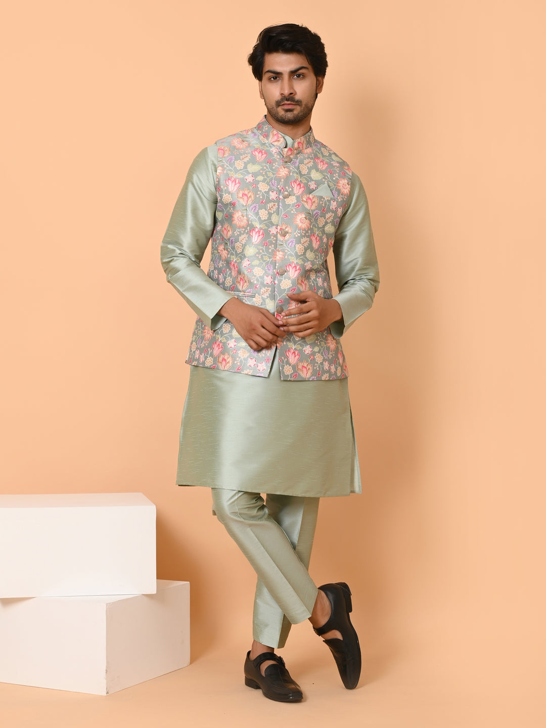 Floral Pista Jacket Kurta Set - JM40551-45C