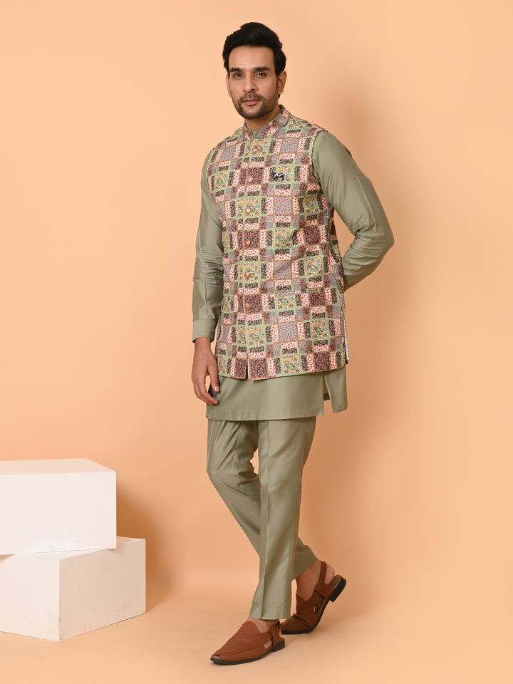 Ethnic Motifs Green Long Jacket Kurta Set - JT41176-373C