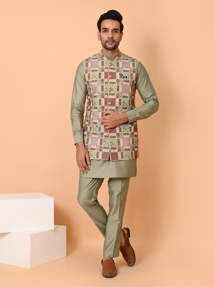 Ethnic Motifs Green Long Jacket Kurta Set - JT41176-373C