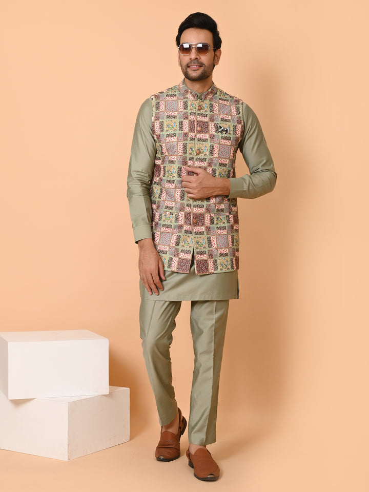 Ethnic Motifs Green Long Jacket Kurta Set - JT41176-373C