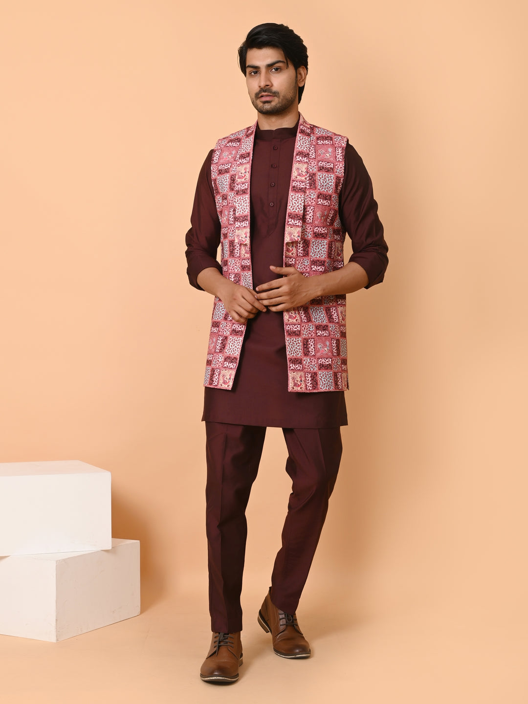 Ethnic Motifs Wine Long Jacket Kurta Set - JT41177-376B