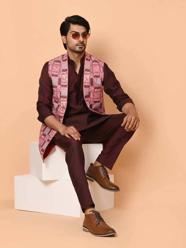 Ethnic Motifs Wine Long Jacket Kurta Set - JT41177-376B