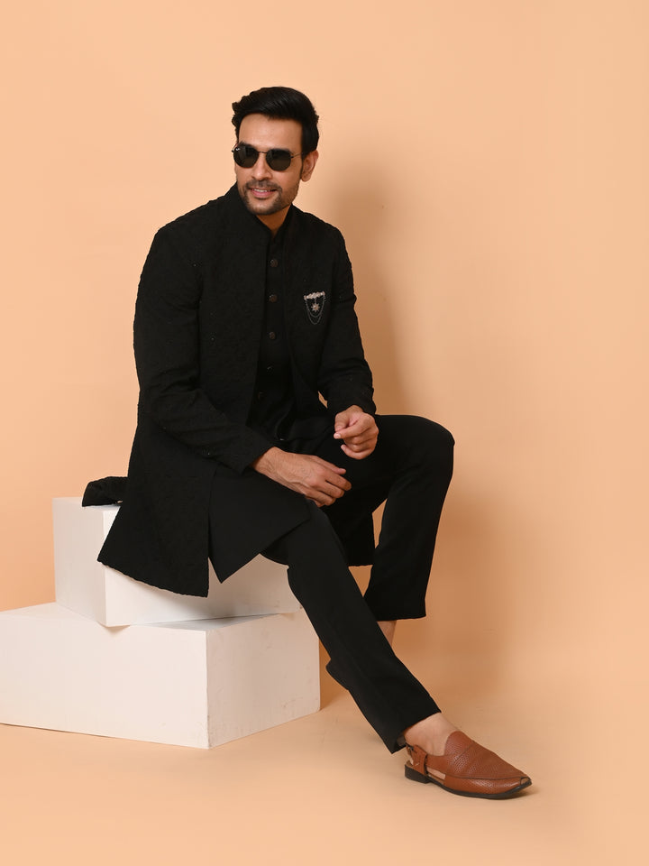 Textured Black Long Jacket Kurta Set - IT40531-1