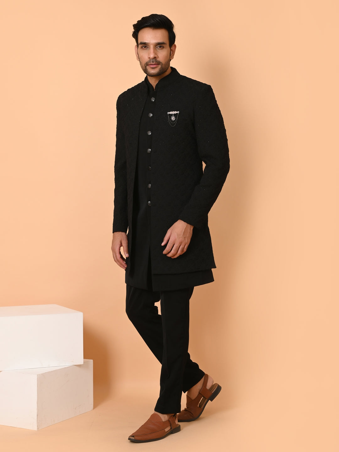 Textured Black Long Jacket Kurta Set - IT40531-1