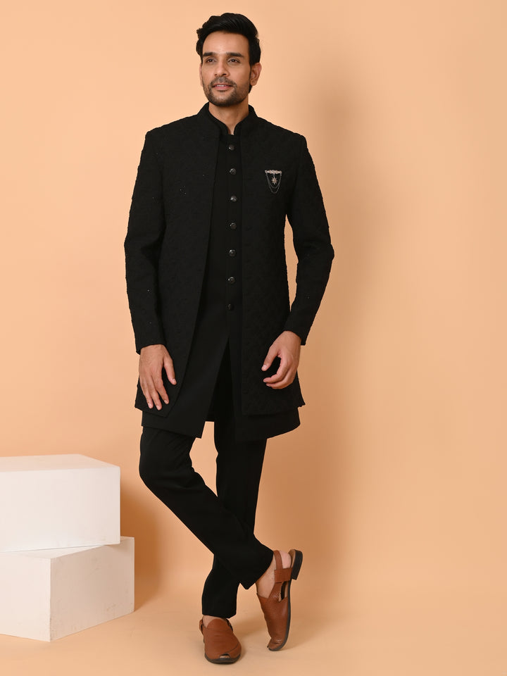 Textured Black Long Jacket Kurta Set - IT40531-1