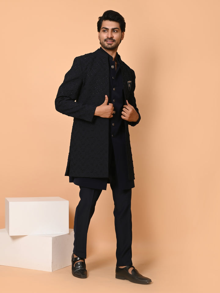 Textured Black Long Jacket Kurta Set - IT40531-2