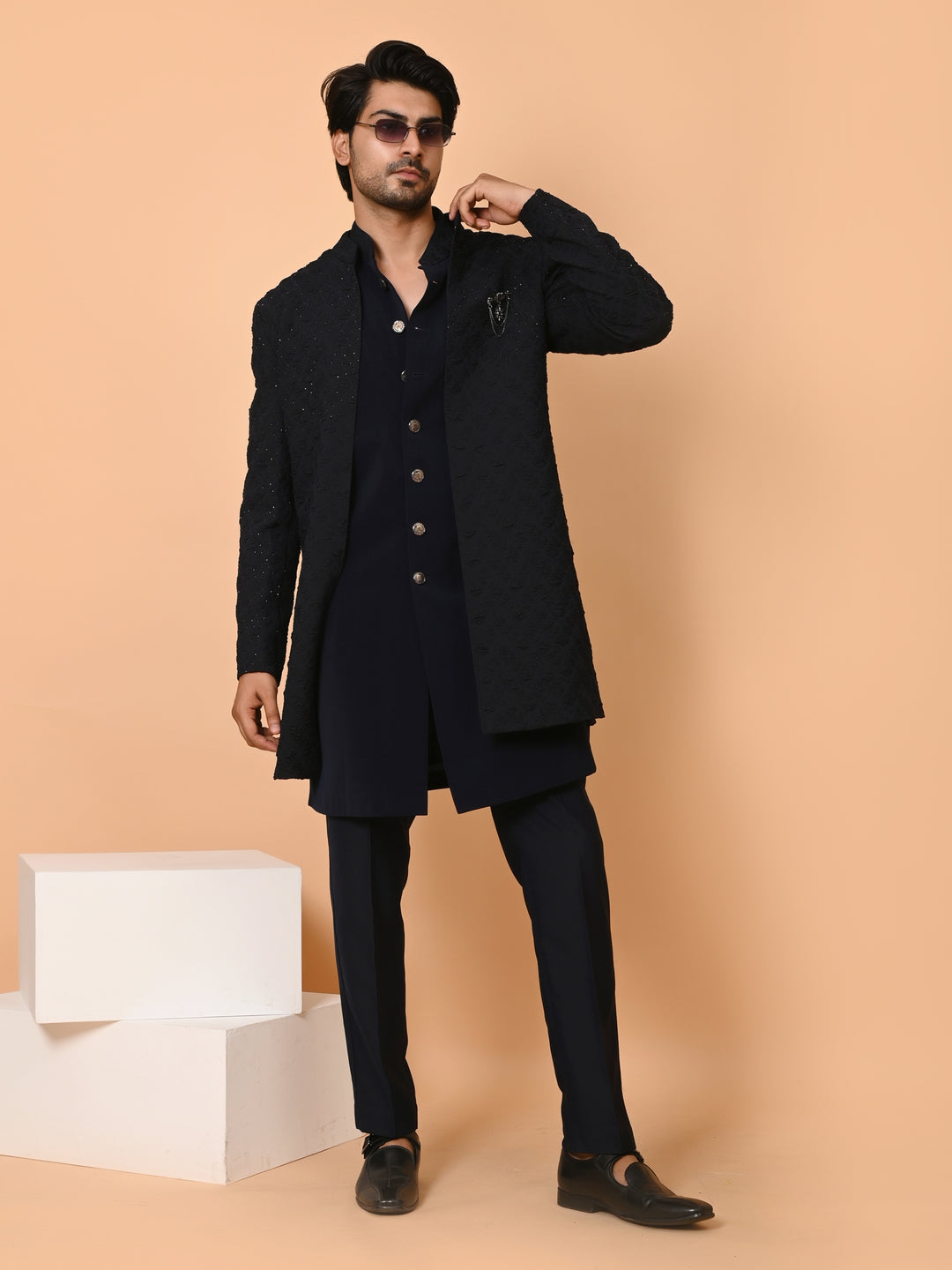 Textured Black Long Jacket Kurta Set - IT40531-2