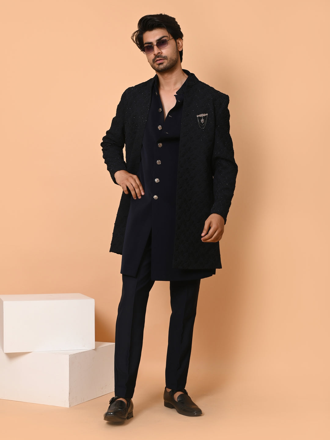 Textured Black Long Jacket Kurta Set - IT40531-2