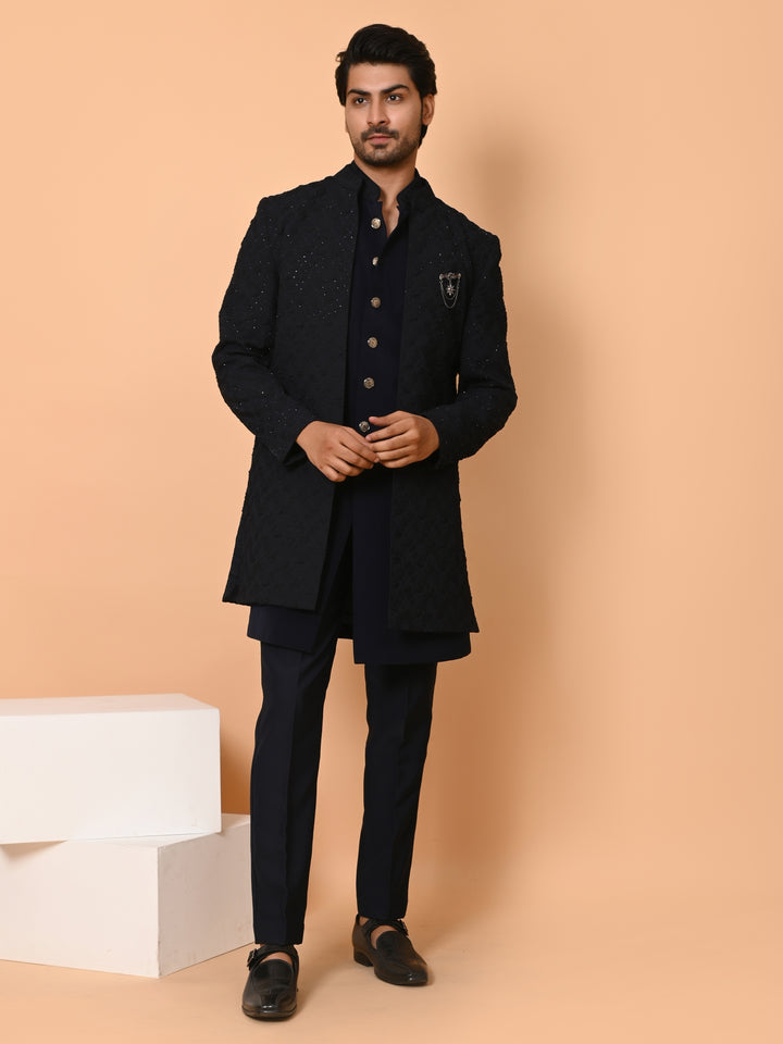 Textured Black Long Jacket Kurta Set - IT40531-2