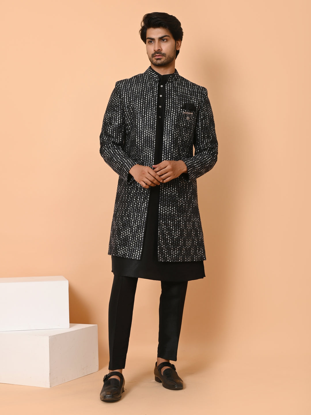 Striped Black Long Jacket Kurta Set - JM40553-59