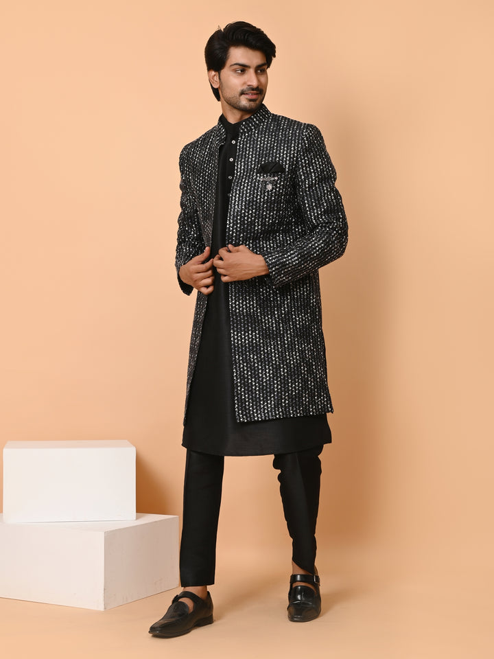 Striped Black Long Jacket Kurta Set - JM40553-59