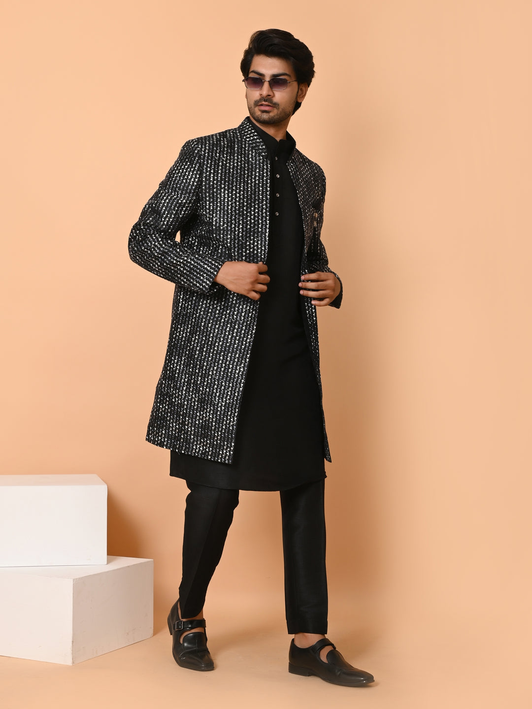 Striped Black Long Jacket Kurta Set - JM40553-59