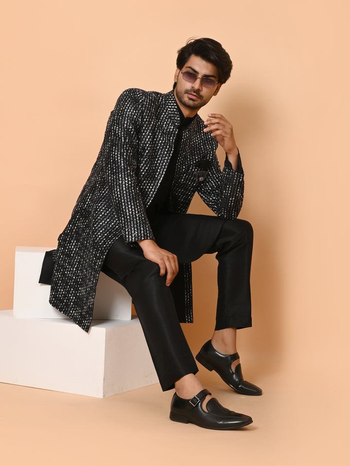 Striped Black Long Jacket Kurta Set - JM40553-59