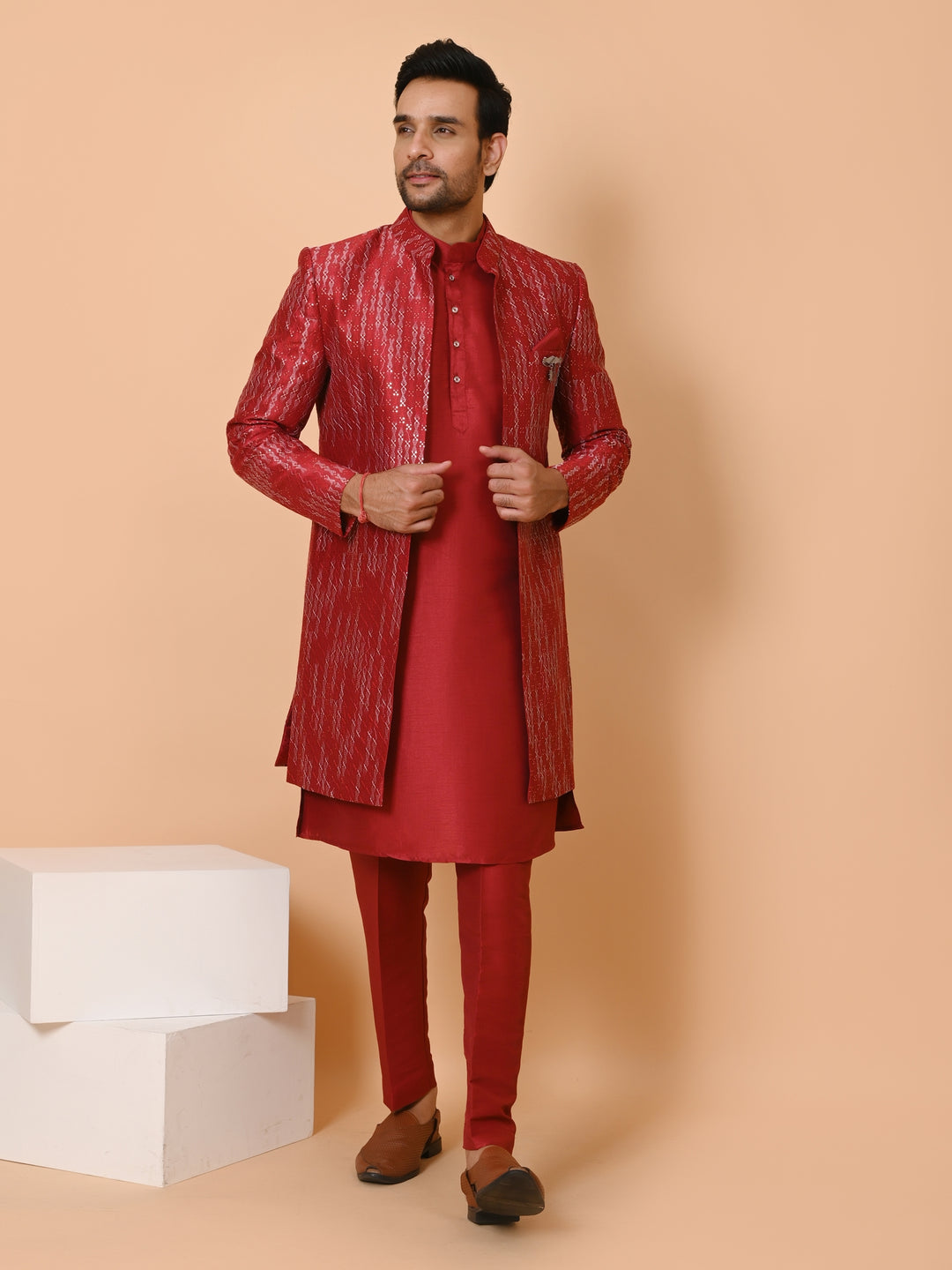 Sequence Maroon Long Jacket Kurta Set - JM40554-59