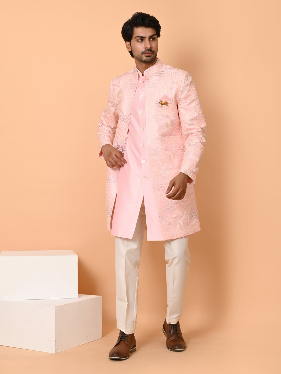 Textured Pink Long Jacket Kurta Set - JT40681-59