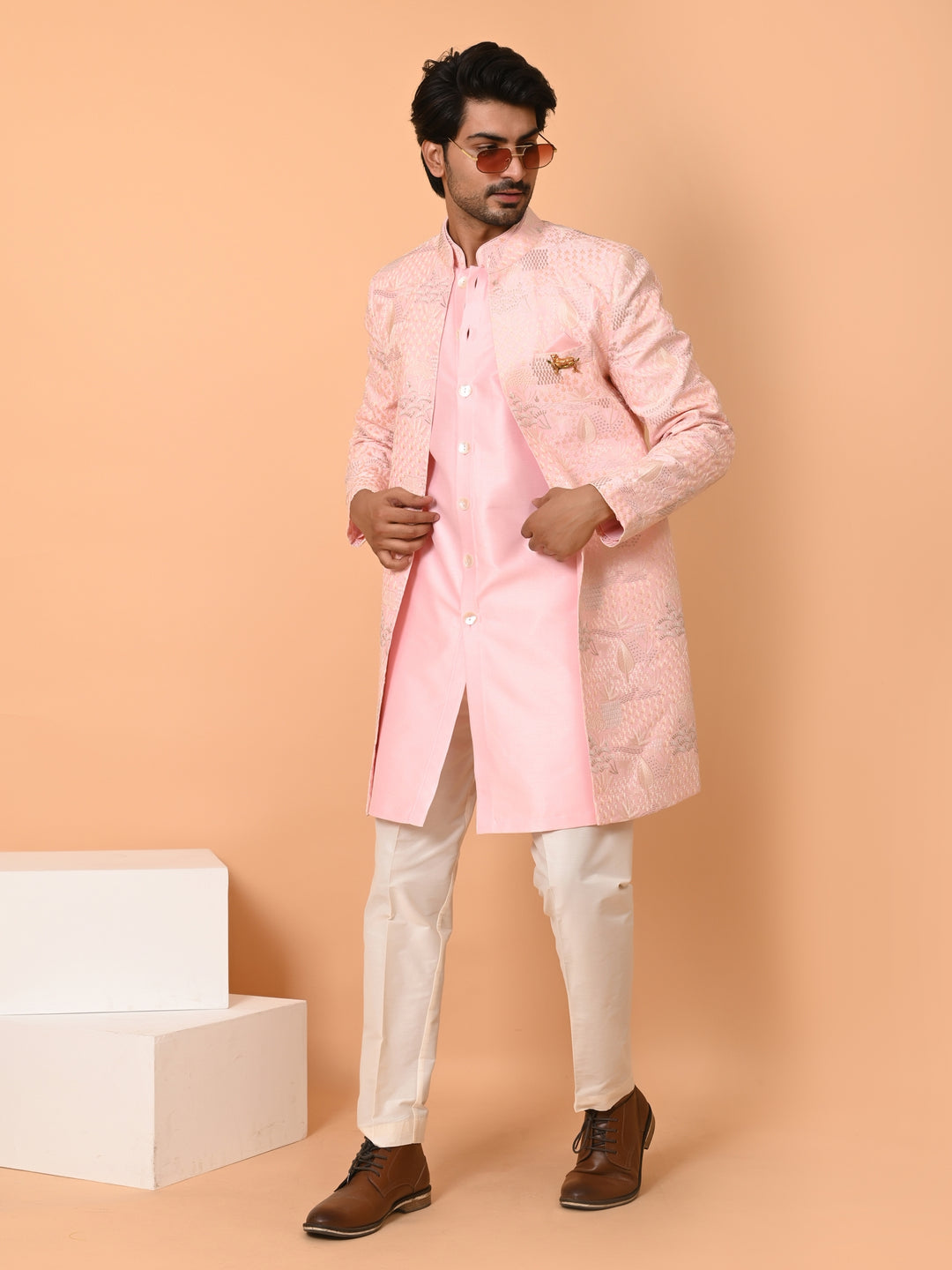 Textured Pink Long Jacket Kurta Set - JT40681-59