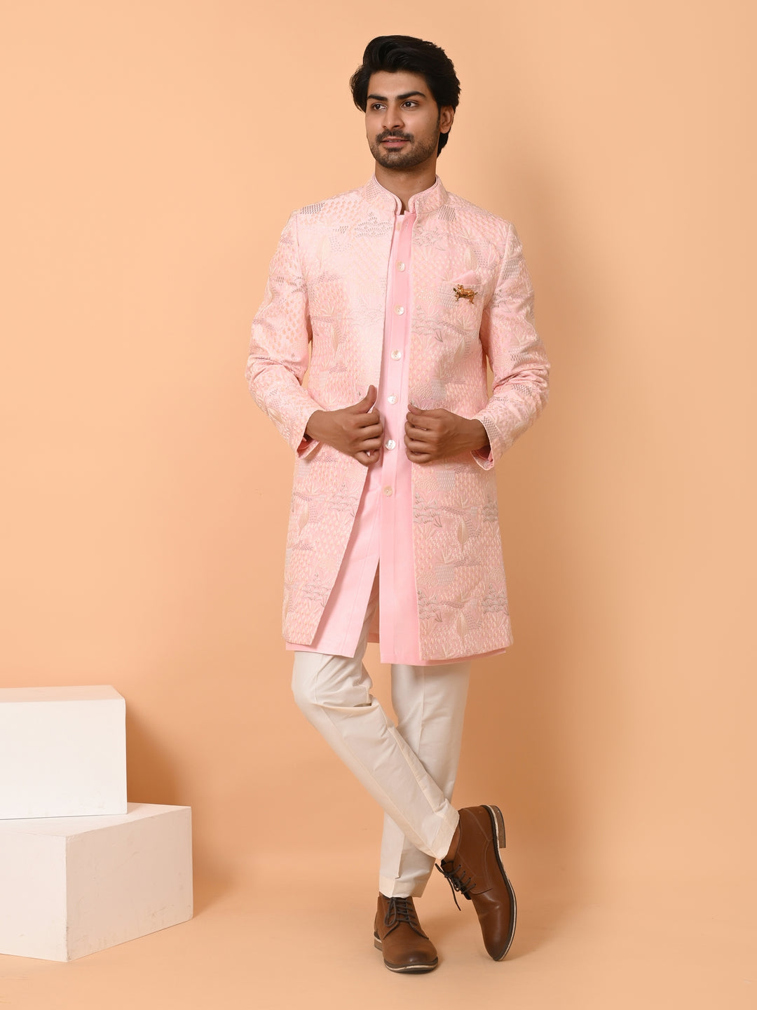 Textured Pink Long Jacket Kurta Set - JT40681-59