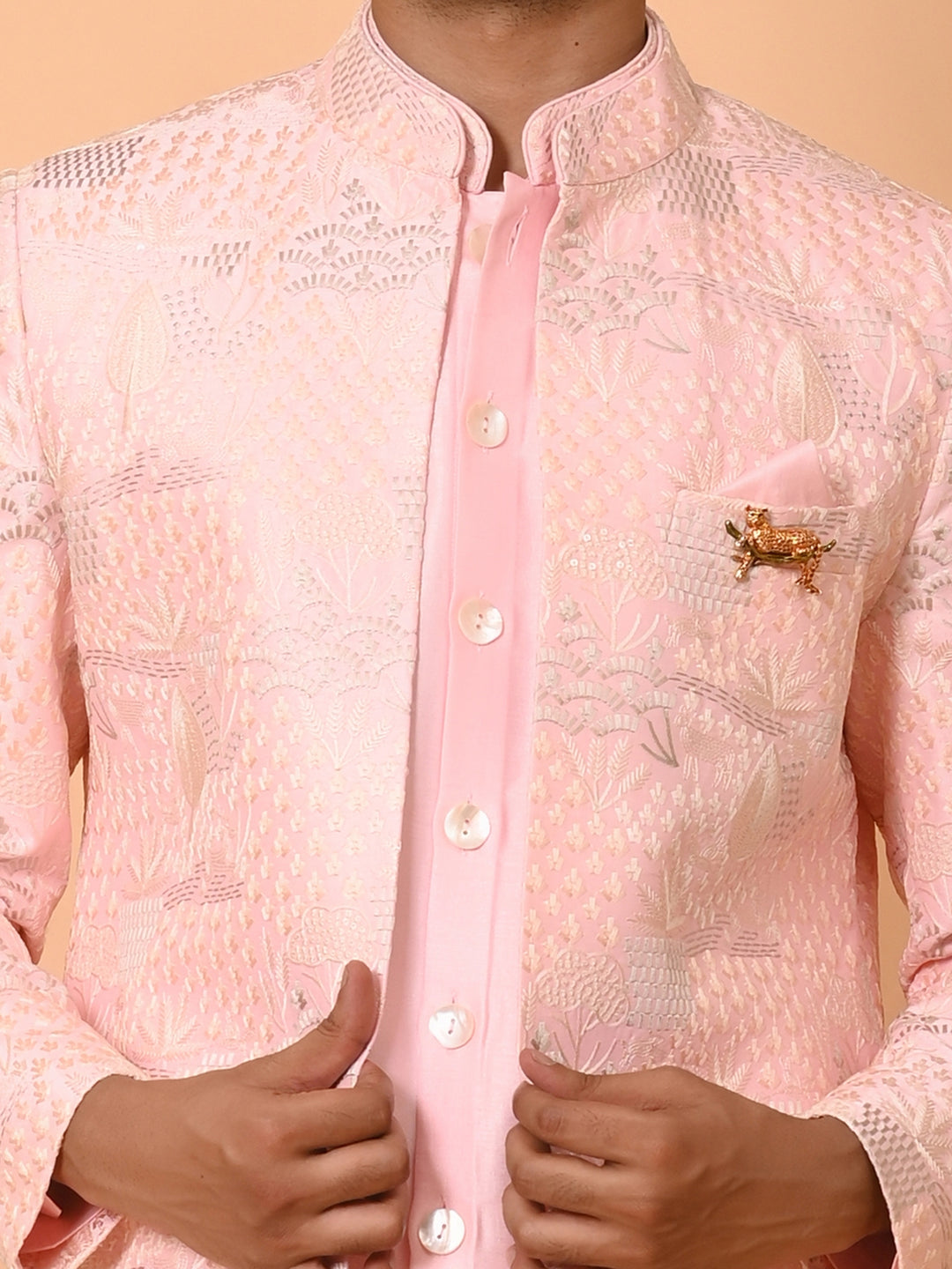 Textured Pink Long Jacket Kurta Set - JT40681-59