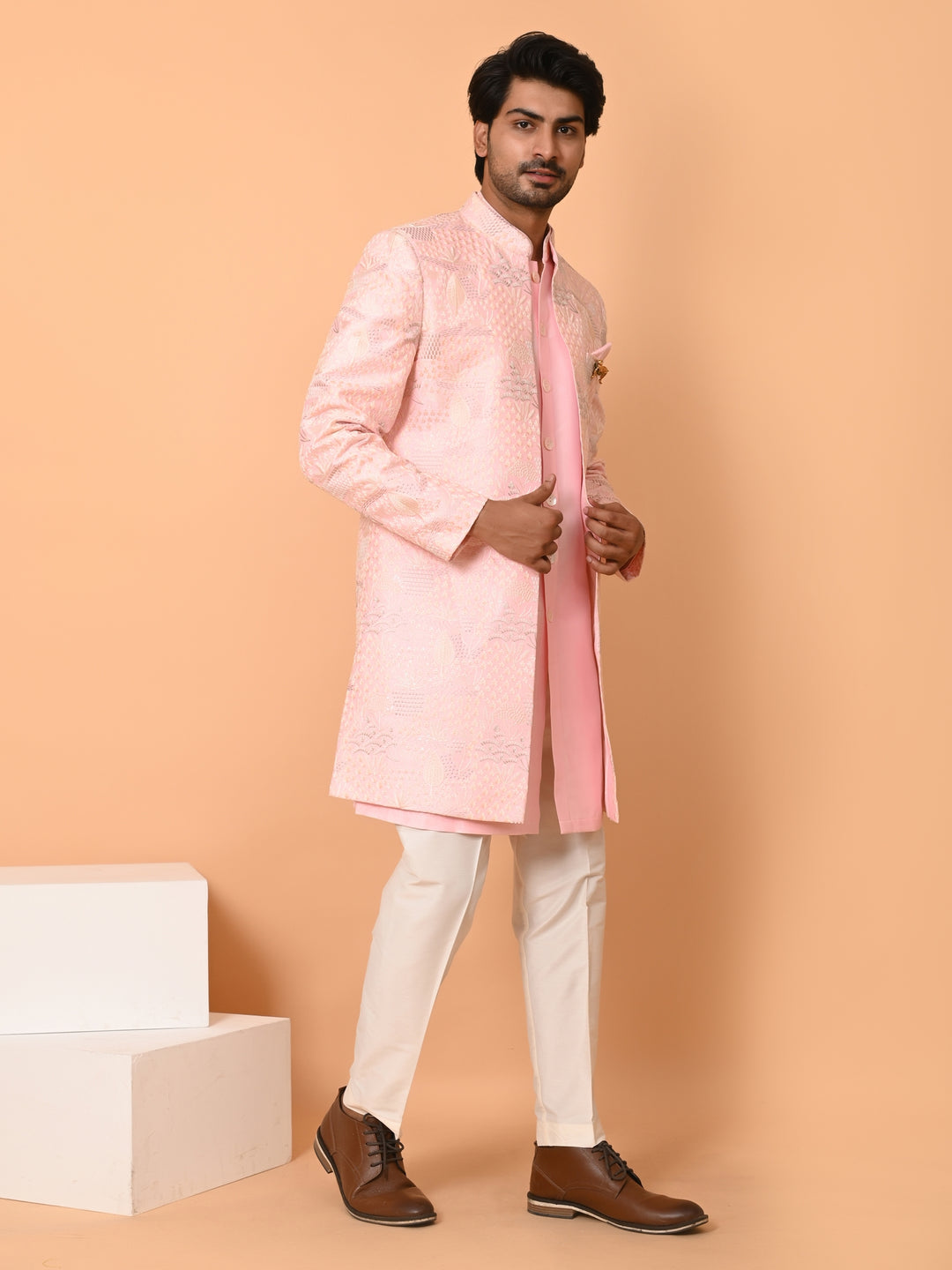 Textured Pink Long Jacket Kurta Set - JT40681-59